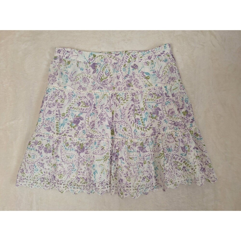 Floral Tiered Cotton Skirt in Lavender and Teal